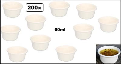 200x Luxe BIO Sauscup 60ml wit - suikerriet - Composteerbaar saus mayonaise ketchup mosterd bakje eten food