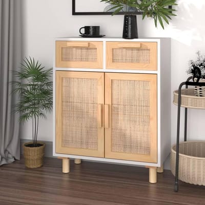Dressoir met Rotan - Opbergkast Lade - Woonkamer Inrichting - Massief Grenenhout Poten - 60 x 30 x 75 cm