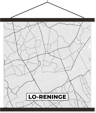 Posterhanger incl. Poster 60x60 cm - Schoolplaat - België – Lo Reninge – Stadskaart – Kaart – Zwart Wit – Plattegrond - Textielposter - Zwarte latten - Stadskaart