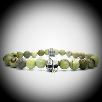 Natuursteen Armband met 925 Sterling Zilver Skull Bedel van 6.1gram Zilver , Handgemaakte Edelsteen Armband met 8mm (Aust. butter Jaspis) kralen .