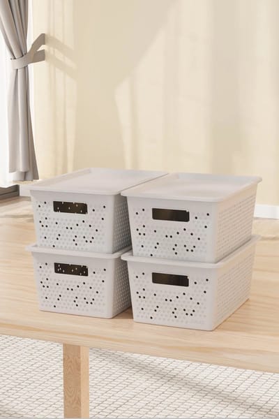 Tobeyz Seul Opbergdozen 4L – Kunststof Opbergbox | 4 Set | Optimale Ventilatie | Modulair Stapelbaar Systeem | Geïntegreerde Handgrepen | BPA-vrij Gerecycled Plastic | 27,5×18×12 cm | Wit