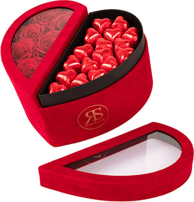 Chocolade box Scarlet rood - Ruim assortiment aan Luxe & Handgemaakte cadeaus - Verras op een speciale manier - 2 jaar houdbare rozen!