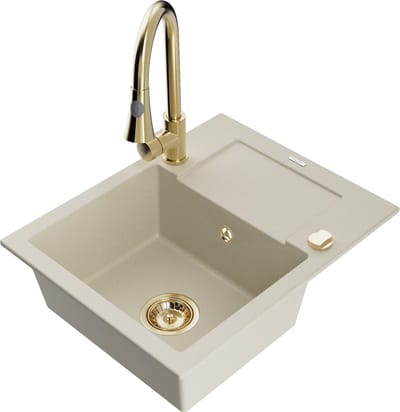 Mexen Enzo granieten spoelbak met 1 bak, afdruiprek en Elia keukenkraan, beige - 6506-69-670101-50