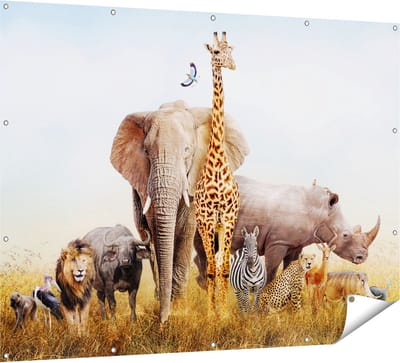 Gards Tuinposter Afrikaanse Dieren op het Gras - Afrika - 160x120 cm - Tuindoek - Tuindecoratie - Wanddecoratie buiten - Tuinschilderij