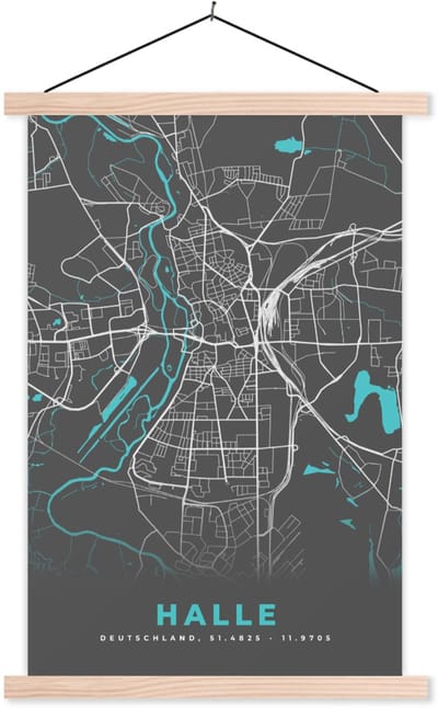 Posterhanger incl. Poster 40x60 cm - Schoolplaat - Stadskaart – Plattegrond – Duitsland – Blauw – Halle – Kaart - Textielposter - Blanke latten - Stadskaart