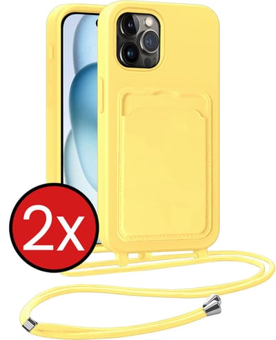 Hoesje Geschikt voor iPhone 14 Pro Hoesje Met Telefoonkoord en Pasjeshouder Siliconen - Hoes Geschikt voor iPhone 14 Pro Hoesje Met Kaarthouder Case - Geel - 2 PACK
