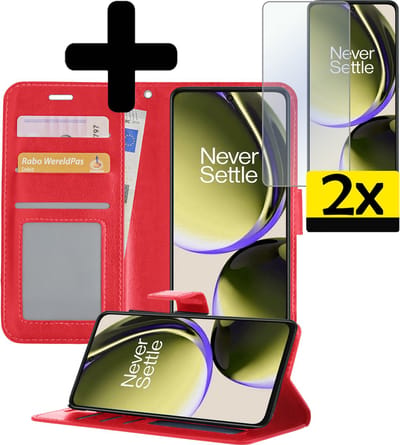 Hoesje - Met 2x Screenprotector - Geschikt voor OnePlus Nord CE 3 Lite - Luxe Pasjeshouder - Bookcase Portemonee - Flip Case - Kunstleer Book Case - Flipcase Hoes - Book Cover - Walletcase - Portemonneehoes - Telefoonhoesjes - Rood