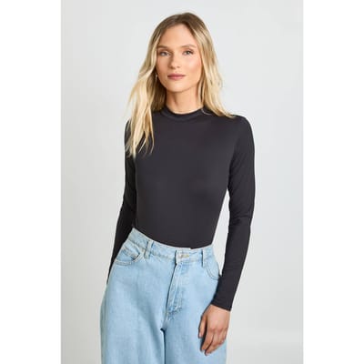 boohoo Dames Petite Tweede Huid Ronde Hals Lange Mouw Bodysuit | Zwart | Maat: 42
