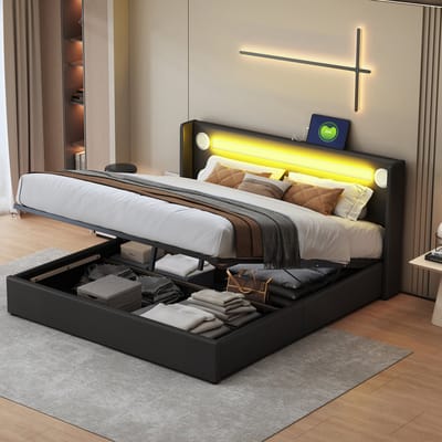 REDOM Bedframe 160x200 cm – PU-kunstleer zwart – Met Bluetooth speaker, LED & hydraulische opbergruimte