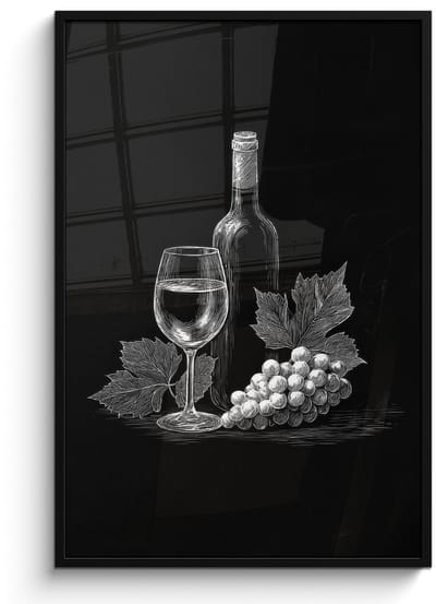 Poster in lijst - Fotolijst 80x120 cm - Posters - Wijnfles - Glas - Druiven - Bladeren - Posterlijst zwart - Decoratie - Wanddecoratie woonkamer - Muurdecoratie slaapkamer