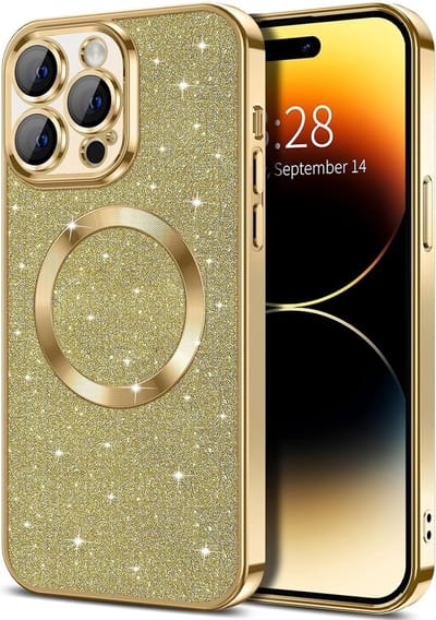 Hoesje Geschikt voor iPhone 15 Pro Magsafe hoesje Goud - Lens beschermer glitter backcover
