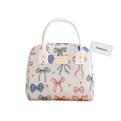 Rainbecom - Koeltassen - Lunchtas 7.5L - Geïsoleerde Koeltas met Brede Opening - Handvat Riem Waterafstotend Polyester - Lichtgewicht - Wipe-clean Voering - 25x15,5x21 cm - Wit Strik - Lunch Bag - Picknicktas