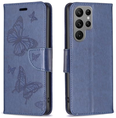 Voor Samsung Galaxy S24 Ultra 5G reliëf twee vlinders patroon lederen telefoonhoes (blauw)