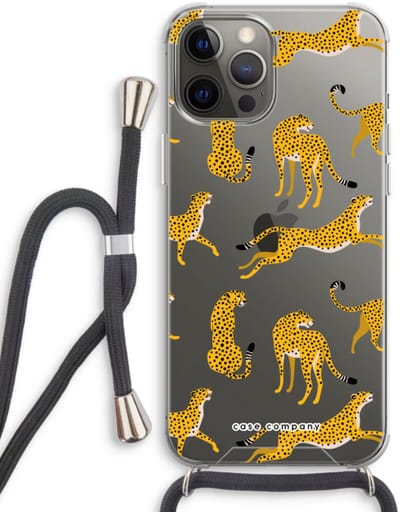 Case Company® - Hoesje met koord geschikt voor iPhone 12 Pro hoesje met Koord - Luipaard - Telefoonhoesje met Zwart Koord - Bescherming aan alle Kanten en Over de Schermrand