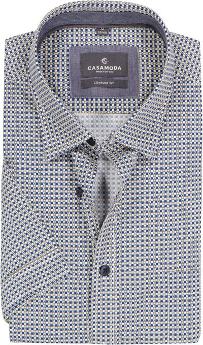 CASAMODA Sport comfort fit overhemd - korte mouw - popeline - wit met blauw en geel dessin