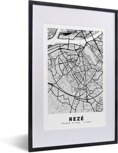 Fotolijst incl. Poster - Kaart - Stadskaart - Rezé - Plattegrond - Frankrijk - 40x60 cm - Posterlijst