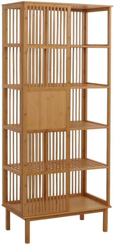 Bamboe staand rek MCW-N81, badkamerkast badkamerkast badkamerrek commode, 5 planken schuifdeur MVG 186x80x45cm
