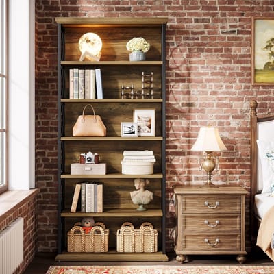 Tribesigns Boekenkast - Hoek Boekenkast met 8 Planken - Industrieel Grote Hoekplank - Erzonken Houten Boekenplank - Bruint - 80 x 32 x 185 cm - voor Thuis, Kantoor, Woonkamer, Slaapkamer, Balkon