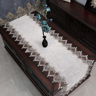 kanten kleedje, vierkant tafelkleed van 40 x 120 cm met kanten rand, salontafel, topper, wasbaar en antislip tafelkleed voor eetkamer, keuken