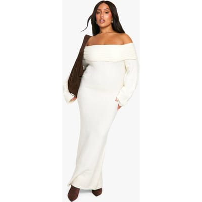 boohoo Dames Plus Premium Oversized Rib Bardot Halslijn Zachte Gebreide Jumperjurk | Ecru | Maat: 26
