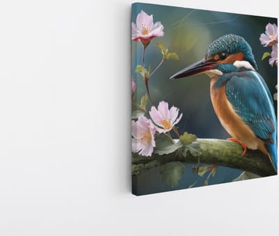 Saammp Canvas Schilderij - Kingfisher met Bloesem - Natuur - Abstract - 20x20 - Foto op canvas - Wanddecoratie - Muurdecoratie Woonkamer - Kantoor Decoratie