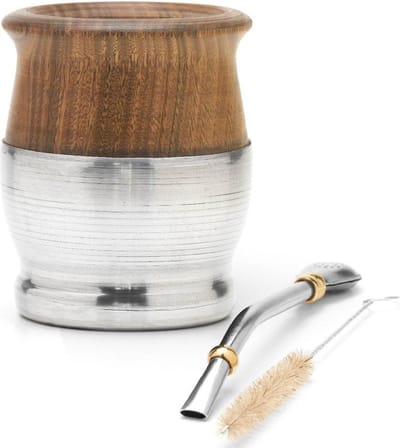 Yerba Mate houten kalebas set - traditionele Palo Santo en aluminium - inclusief Bombilla - BALIBETOV - Yerba Mate-stro - Hout met aluminium basis