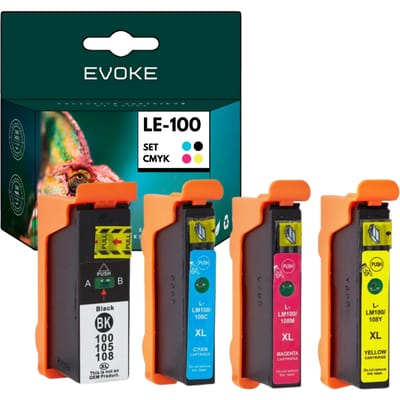 Evoke Compatibele Inkt voor Lexmark 100XL 100 XL 4X Cmyk: Zwart, Cyaan, Magenta, Geel 58 ml 2310 Pagina's Impact S301 S305 S308, Interpret S405, Intuition S505, Interact S605, Prospect Pro205, Prevail