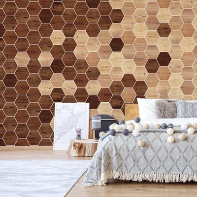 Fotobehang - Vlies Behang - Houten Hexagons Mozaiek - 416 x 290 cm