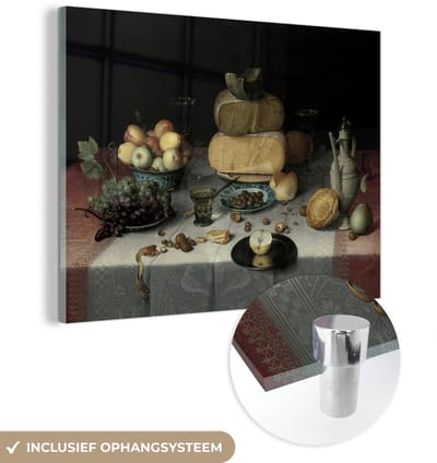® Glasschilderij 160x120 cm - Schilderij acrylglas - Stilleven met kazen - Schilderij van Floris Claesz. van Dijck - Foto op glas - Muurdecoratie woonkamer - Wanddecoratie slaapkamer - Schilderijen