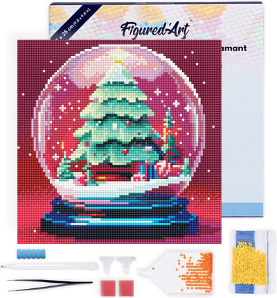 Figured'Art Mini Diamond Painting set Volwassenen 25x25 cm met lijst Kerstboom in Sneeuwbol - 5D DIY Art full drill ronde diamant - Canvas al ingelijst