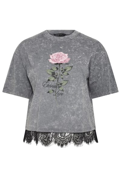 Limited Collection Grijs Tshirt Met Rozenprint En Kant Size 38