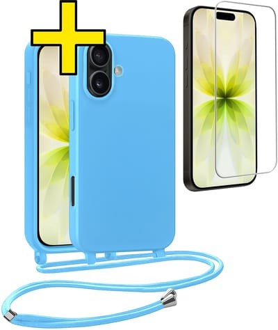 Hoesje Geschikt voor iPhone 17 Hoesje Met Koord Met Screenprotector Siliconen Case - Hoes Geschikt voor iPhone 17 Backcover Met Afneembaar Koord - Lichtblauw