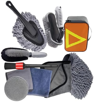 Dailygoods- Reinigingsborstels Set 10 Stuks - Auto Schoonmaak Set - Bandenborstel "U" 18x11 cm - Microvezel Handdoek 40x40 cm - Wax Applicator Pad 13x13 cm - Kunststof en Vezel - Auto Schoonmaakset