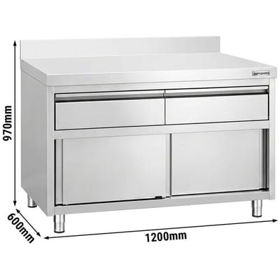GGM Gastro Edelstahl Arbeitsschrank PREMIUM - 1200x600mm - mit Aufkantung - mit 2 Schubladen & Schiebetür