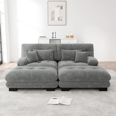 BLACKCOLORS Cloud hoekbank voor de woonkamer, tweezitsbank in chenille met 2 lendenkussens en 2 sierkussens, gestoffeerde bank met brede armleuningen en 2 poefs, grijs chenille