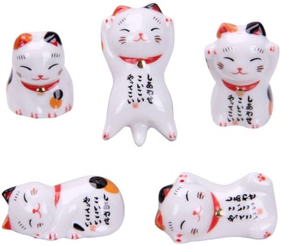 Dailygoods- Eetstokjes Houder - Japanse Keramiek - 5 Stuks - Schattig Kattenontwerp - Decoratie - Hoge Temperatuur Afwerking - Eetstokjeshouder