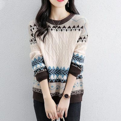 Pull en tricot pour femme, haut ample à col rond, tendance, pull en treillis, automne et hiver S marron