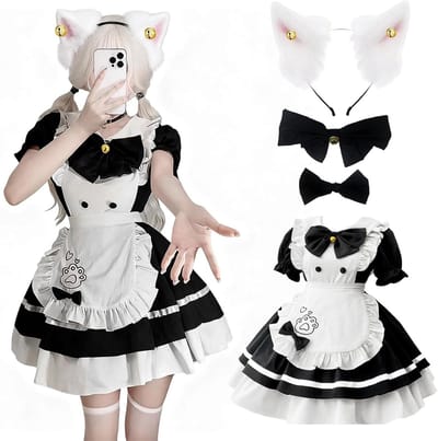 Schattige Franse Dienstmeisjesjurk in zwart-wit met schort, hoofdband en strik - Perfect voor Halloween, carnaval en feesten