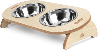 Verhoogde katten- en hondenvoeders met 15° helling, 2 roestvrijstalen kommen en houten standaard voor optimale voeding