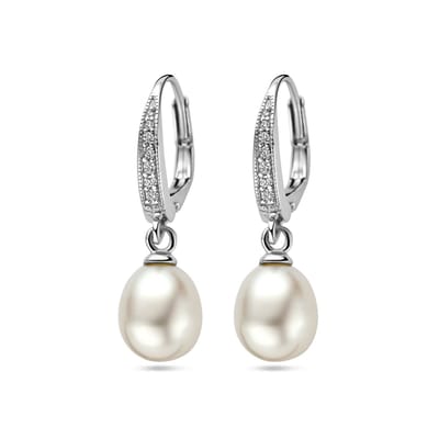 Glams oorhangers parel en zirkonia brisur haak - Zilver
