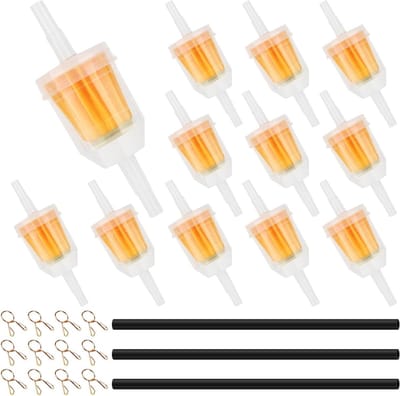 Brandstoffilter, 12 stuks benzinefilters, bromfiets, universeel dieselfilter, benzinefilter, 6 mm/8 mm met 3 benzineslang en 12 slangklemmen, voor grasmaaiers, motorfietsen, scooters