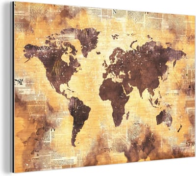 Wanddecoratie Metaal - Aluminium Schilderij Industrieel - Wereldkaart - Glitter - Goud - 120x80 cm - Dibond - Foto op aluminium - Industriële muurdecoratie - Voor de woonkamer/slaapkamer