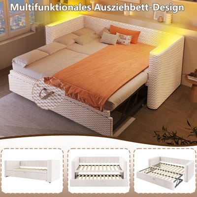 Slaapbank 90 × 200 cm - 180 × 200 cm - met uittrekbaar bed - met LED-verlichting - zonder matras - beige