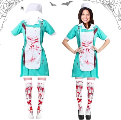 Creepy Bloedige Zombie Verpleegster Kostuum voor Vrouwen - Horror Uniform met Schort en Kousen voor Halloween en Cosplay Feesten