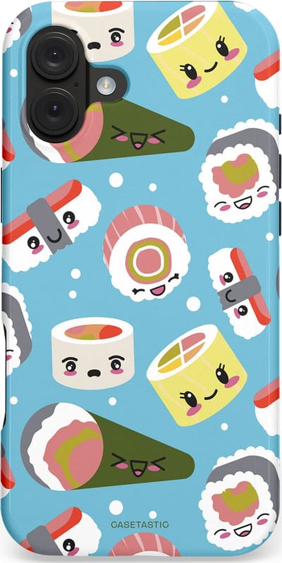 Casetastic hoesje geschikt voor Apple iPhone 16 Plus - MagSafe - Dubbellaagse bescherming - Sushi mania - Fashion Case - Lichtblauw Grijs Wit