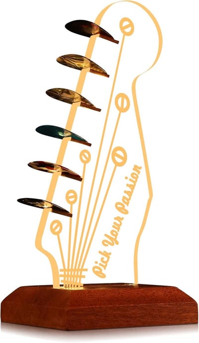 Lichtgevende gitaar plectrum houder met houten basis voor opslag en display