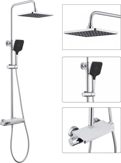 Auralum Max Regendouche met Thermostaatkraan - 38°C thermostatische - Met planchet Doucheset - 30x19 cm Douchekop - Verstelbare Hoogte 88-125 cm - Waterbesparend - Chroom