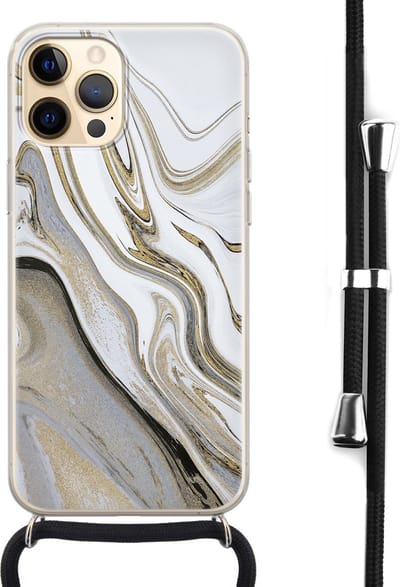 Hoesje met koord - Geschikt voor iPhone 12 - Marmer wit goud - Verstelbaar zwart koord - Transparant, Goud, Wit - Marmer - Leuke Telefoonhoesjes