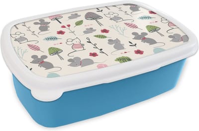 Broodtrommel Blauw - Lunchbox - Brooddoos - Muizen - Patronen - Herfst - Paddenstoel - 18x12x6 cm - Kinderen - Jongen