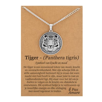 Tijger Ketting op Cadeau Kaartje Zilverkleurig - Dier Talisman - Roestvrij Staal / Stainless Steel - 60cm - Pax Amare